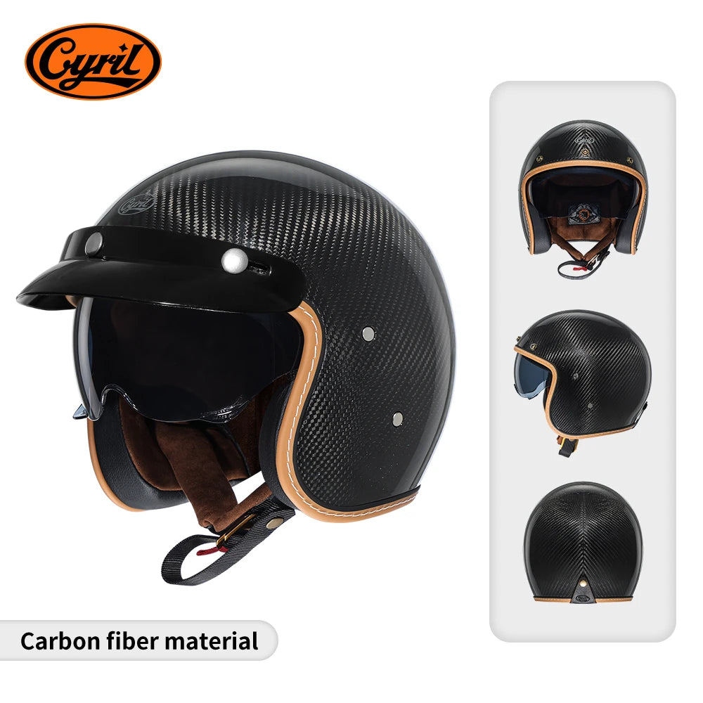 Lightweight Carbon Fiber Open Face Motorcycle Helmets Half Retro 3/4 Helmet for Man and Women DOT Approved CYRIL Casque Moto